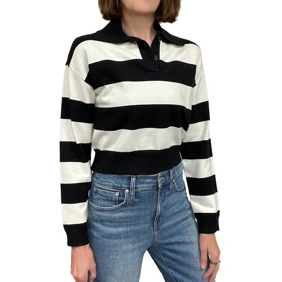 Amazon's The Drop Joan Split-Neck Polo Sweater Sz S New $50 Black White Striped - Picture 2 of 11